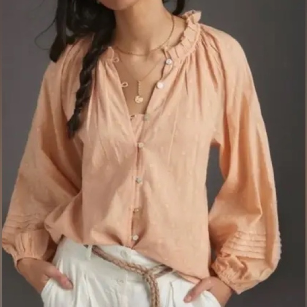 CLEOBELLA Anthropologie Antonia Puff Sleeve Button Down Peasant Top in Peach